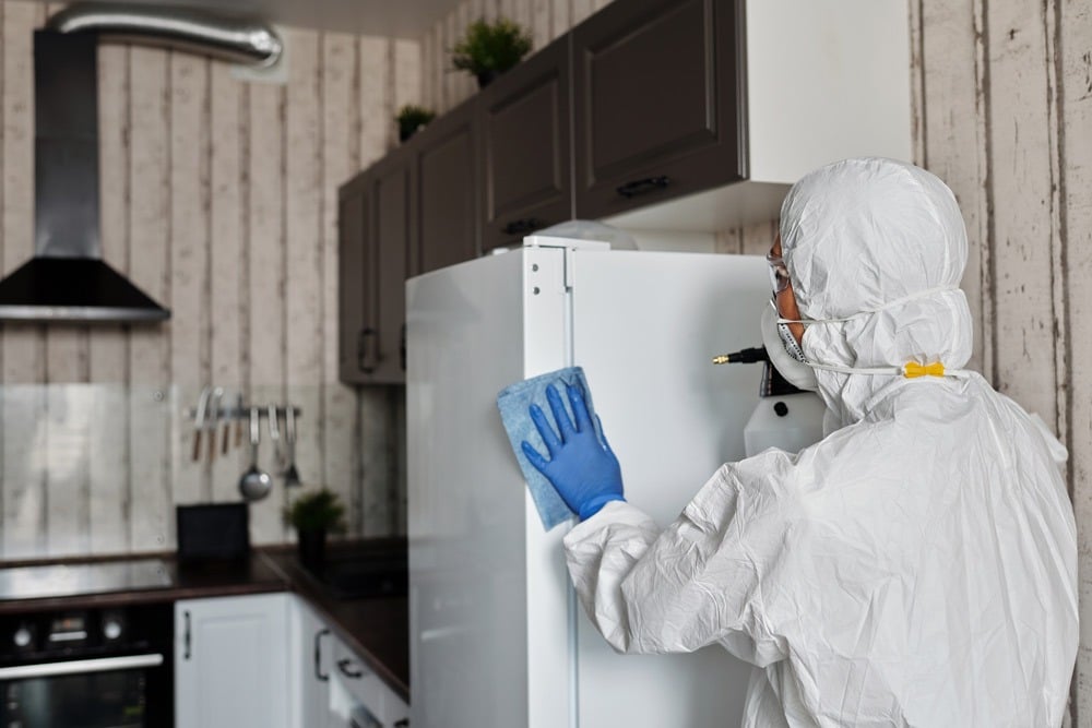 Person in PPE gear cleaning kitchen