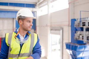 man wearing custom ear moulds in work environment