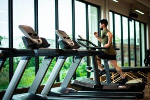 Young male running on treadmill