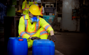 Male employee wearing RPE while handling dangerous substances resized