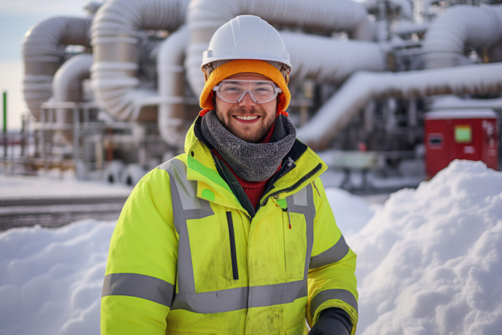 Smiling male worker in a white helmet and reflective vest standing in front of an geothermal plant.