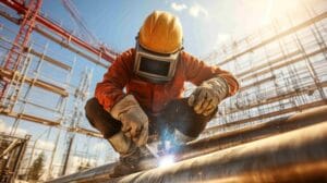 process safety and risk assessment poster with man working in construction site.
