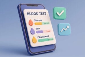 Illustration of phone with cholesterol and glucose monitoring.