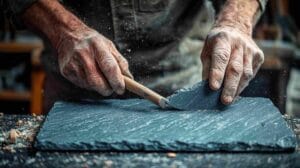 Stoneworkers working hands around silica dust.