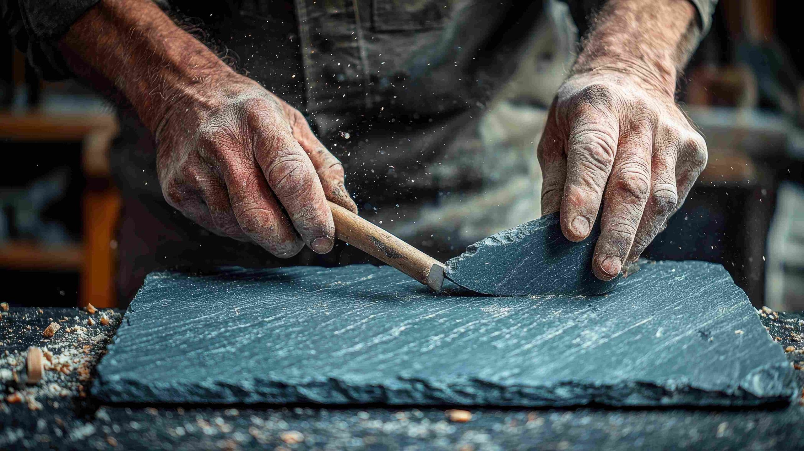 Stoneworkers working hands around silica dust.