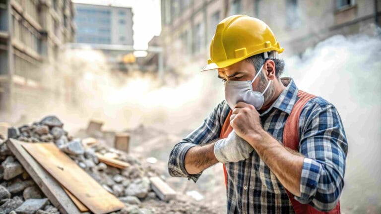construction worker and dust and debris around