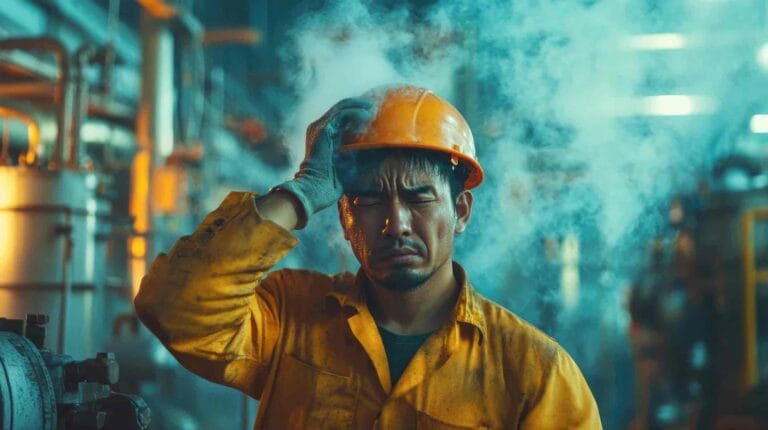 A worker in factory holding his head and scrunching his face.
