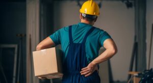 A man with one hand on his back and one hand holding heavy box.