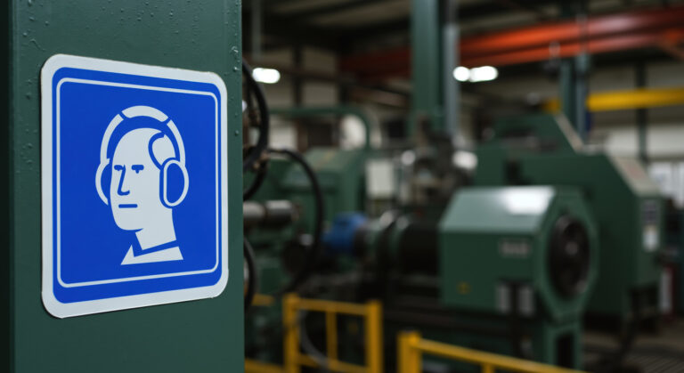 A sign for wearing headphones at loud noise area at work.