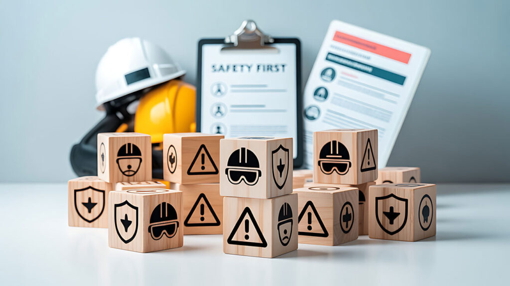 Workplace health surveillance illustration with wooden box and other elements.