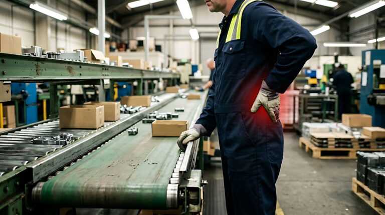 a worker at warehouse holding his lower back.