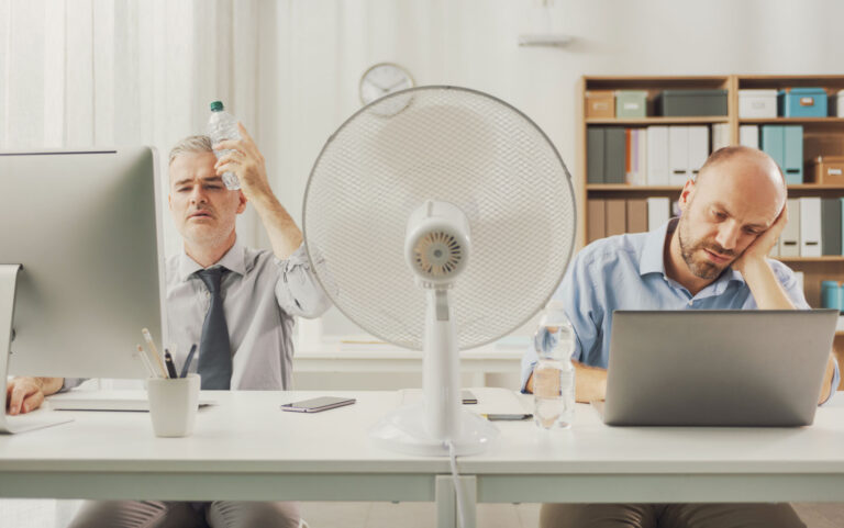 2 male employees at desk with fan, water bottle and their laptops