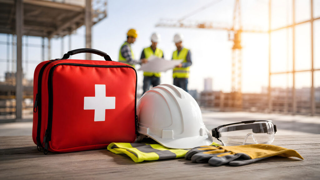 A first aid kit and occupational health things kept around with employees in background.