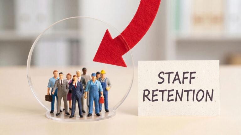 an illustration with human miniatures and staff retention written.