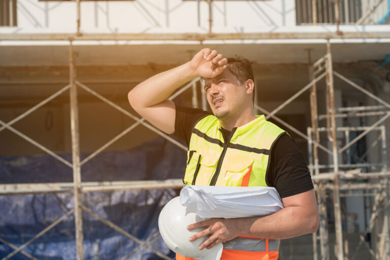 a worker at site with hand over his head due to sun or fatigue