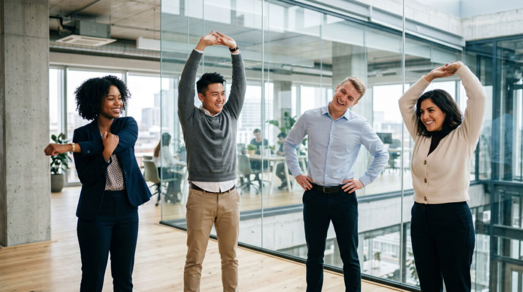 a team at workplace doing different stretching