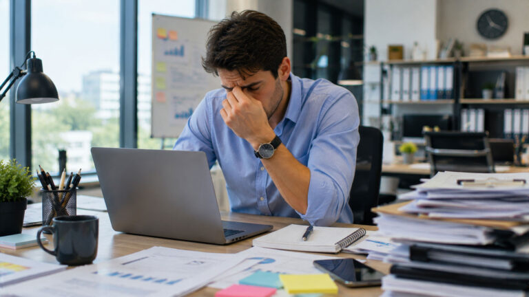 A man at his desk with hands over eye or head looking stressed.