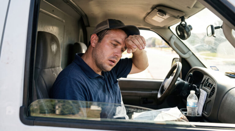A driver inside his van looking exhausted