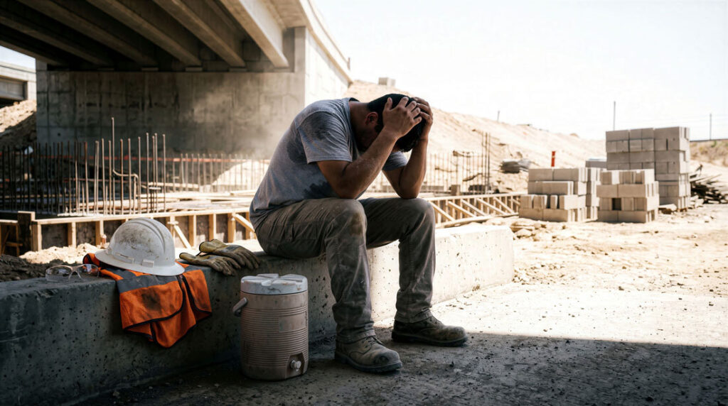 a worker at site with hands on knees and holding his head.