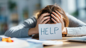 a girl with heads down and paper in front that reads help showing stress at work needs to be assessed